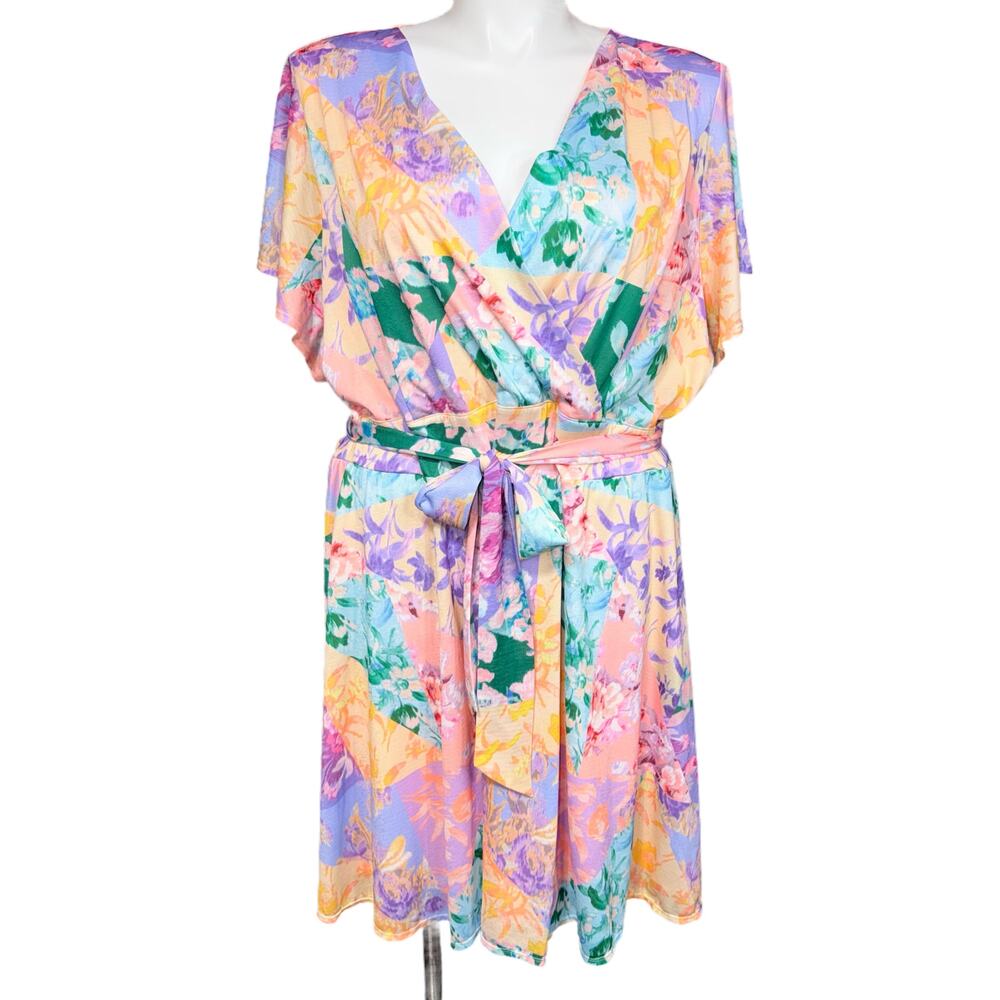 Lane Bryant Womens Fit&Flare Dress Tie Waist Pastel Pockets Midi Flutter Sleeve